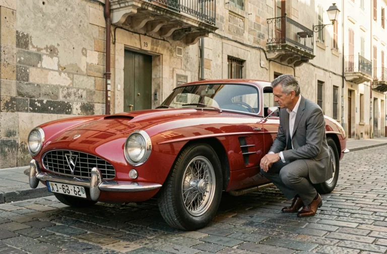Voiture de collection italienne des années 50 garée sur des pavés dans une vieille ville européenne, examinée par un passionné