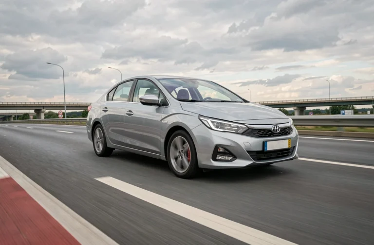 Voiture hybride argent roulant sur une autoroute européenne à grande vitesse, vue de profil bas
