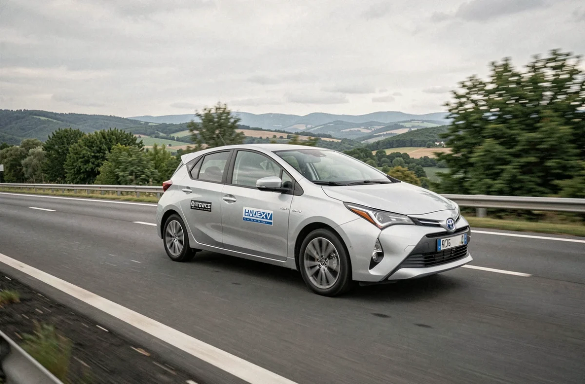 Voiture hybride argentée en déplacement sur une autoroute française entourée de verdure