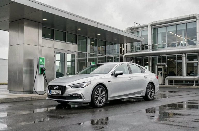 Voiture à hydrogène branchée à une station de recharge H2 moderne avec infrastructure industrielle visible