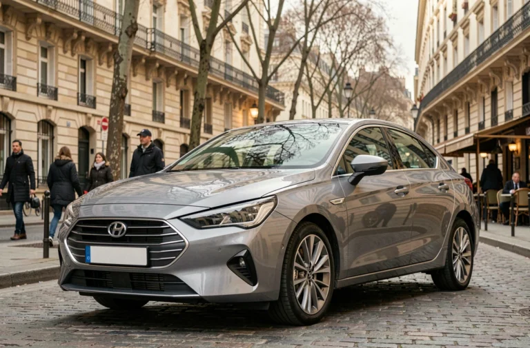 Voiture compacte la plus vendue en Europe garée dans une rue parisienne avec des façades haussmanniennes en arrière-plan