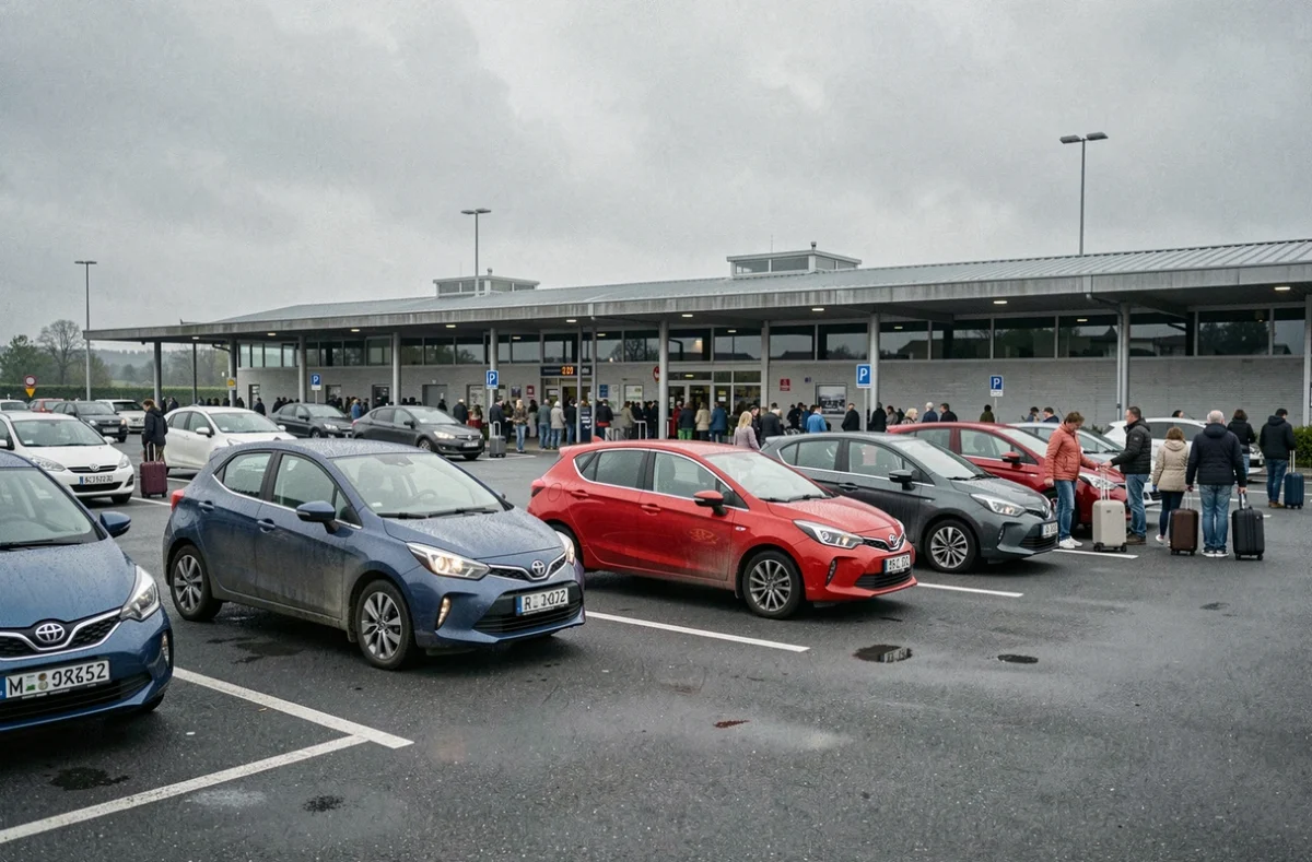 Parking d'aire d'autoroute en Allemagne avec plusieurs exemplaires de la voiture la plus vendue en Europe