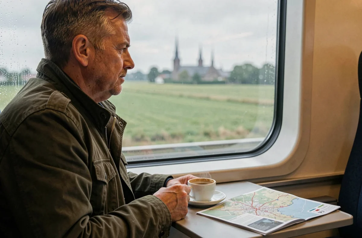 Voyageur en train regardant le paysage belge depuis la fenêtre lors d'un trajet depuis Paris