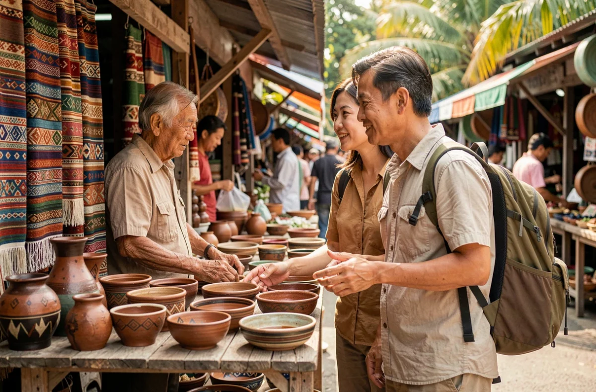 Couple de voyageurs lents explorant un marché artisanal local en Asie du Sud-Est, échangeant avec un vendeur de poteries