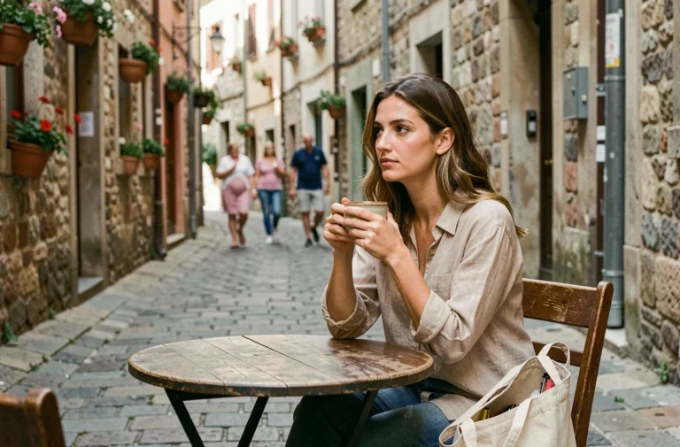 Femme voyageant lentement assise dans un café de village européen, savourant un café en observant la rue pavée