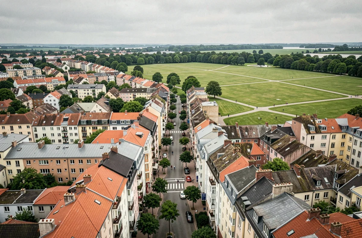 Vue aérienne d'un quartier urbain dense en transition vers un espace vert, illustrant la pression démographique sur le territoire
