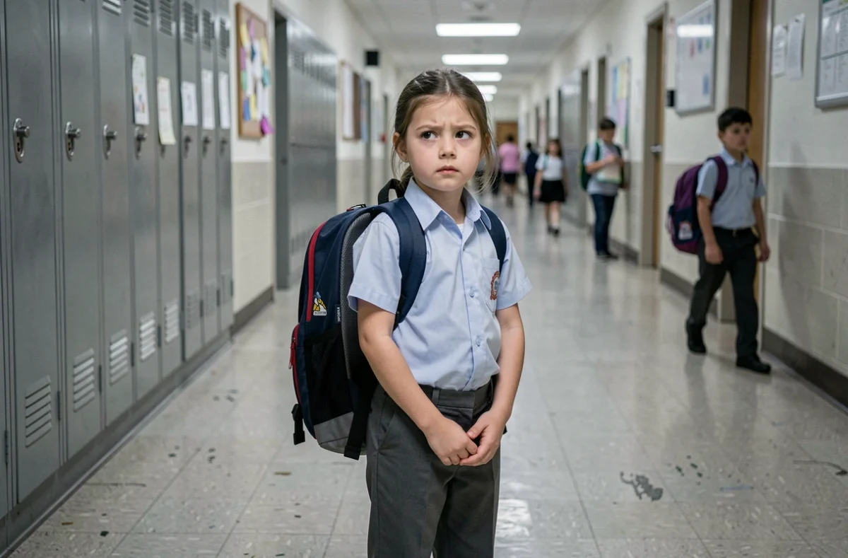 Fillette de 7 ans debout seule dans un couloir scolaire avec son grand sac à dos, exprimant une légère anxiété, symbolisant la vulnérabilité de l'âge scolaire