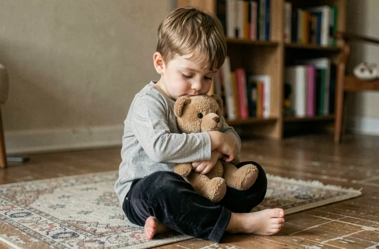 Jeune enfant de 4 ans assis sur un plancher en bois, serrant un ourson en peluche, illustrant la vulnérabilité émotionnelle de la petite enfance
