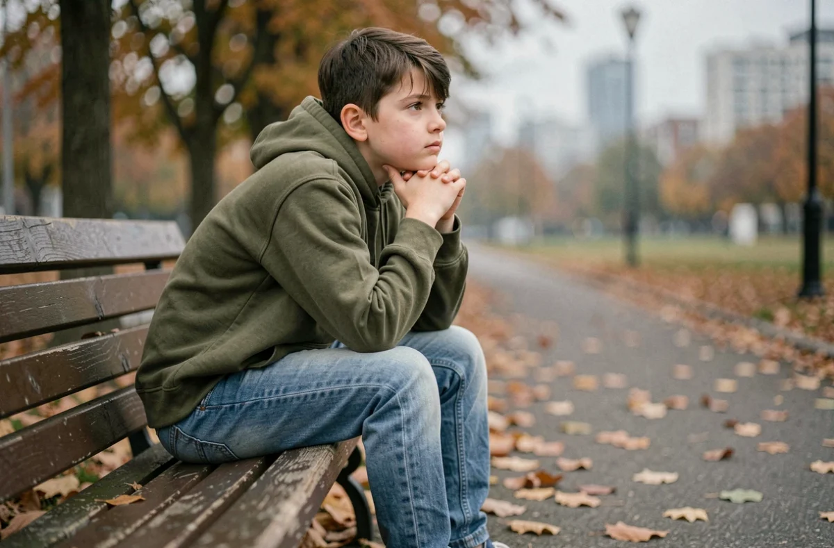 Adolescent d'environ 12 ans assis seul sur un banc de parc en automne, pensif et replié sur lui-même, illustrant la vulnérabilité émotionnelle du passage à l'adolescence