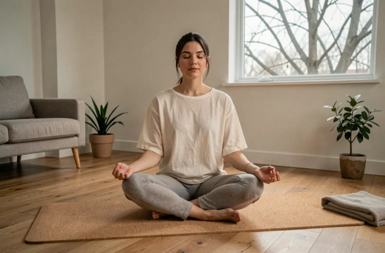 Femme pratiquant la méditation en yoga assise en tailleur sur un tapis en liège dans un salon minimaliste apaisant