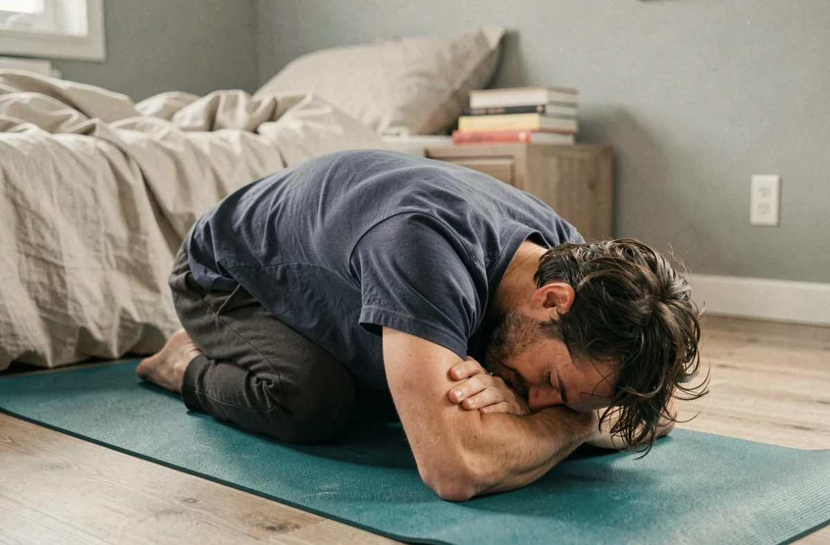 Homme en posture de l'enfant sur un tapis de yoga dans une chambre calme, illustrant le lien entre yoga et bien-être émotionnel